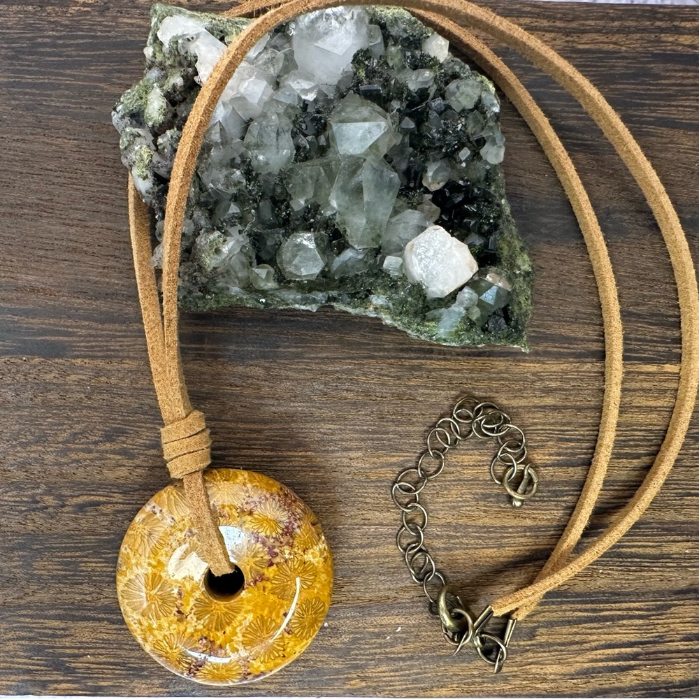 Yellow Coral Fossil Donut Pendant on Brown Faux Suede - Picture 2 of 11